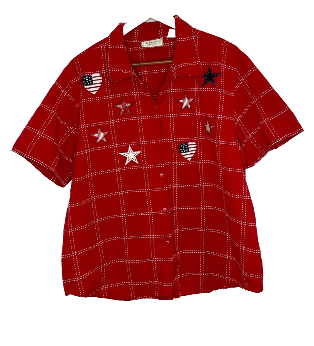 Women's 2X Lemon Grass Vtg American USA Red Grid Button Down Shirt
